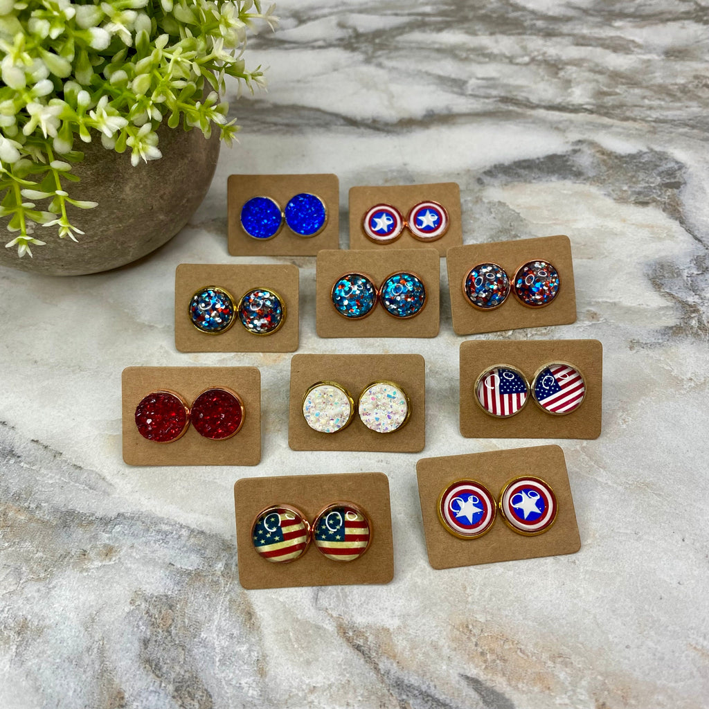 Acrylic/Druzy Stud Earrings - 12mm - Round Red, White, & Blue Mix