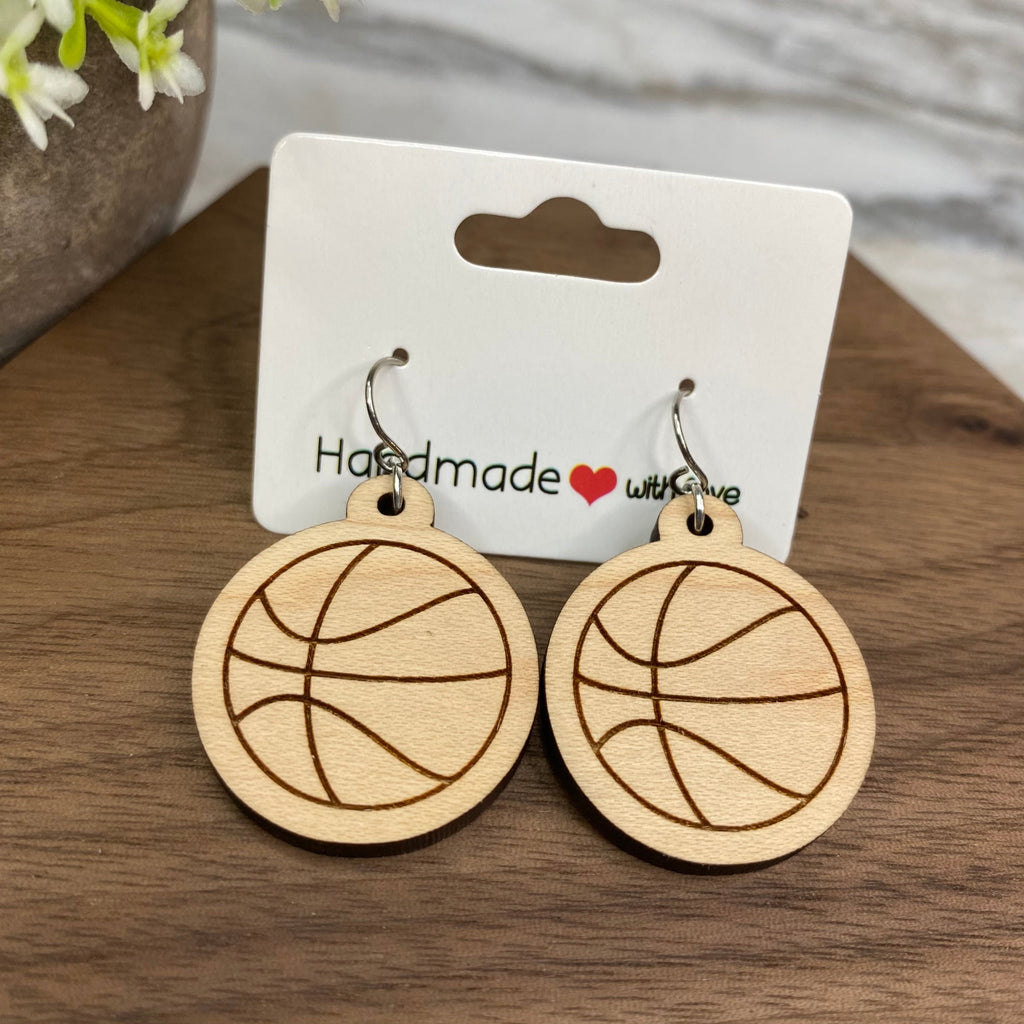 Wooden Dangle Earrings - Basketball
