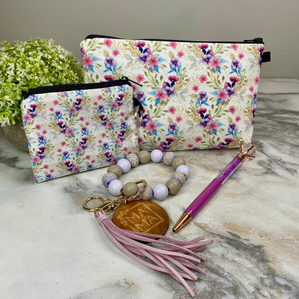 Pouch, Mini Pouch, Pen, & Bracelet Keychain Bundled Set - Floral Vines Purple Pink Blue