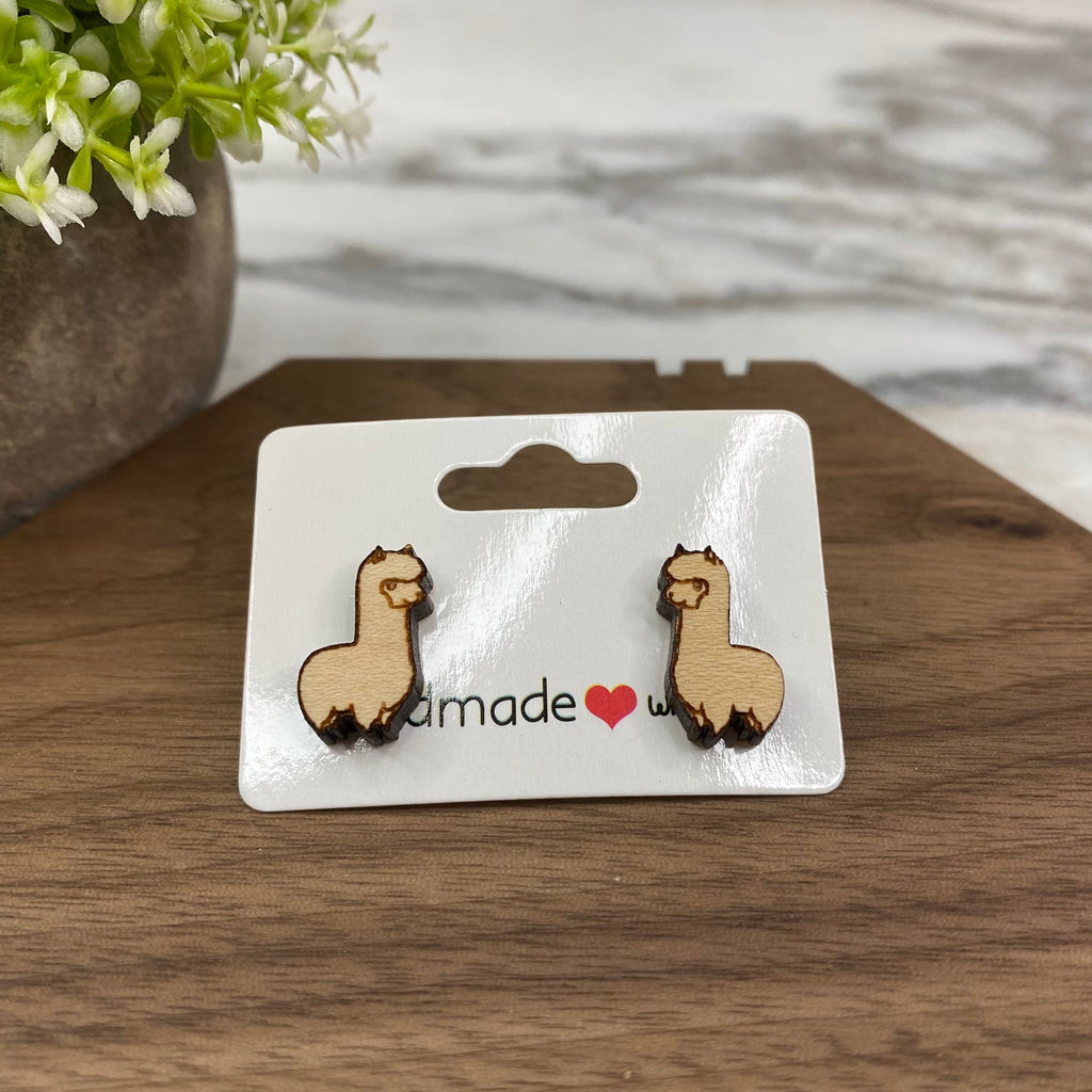 Wooden Stud Earrings - Llama