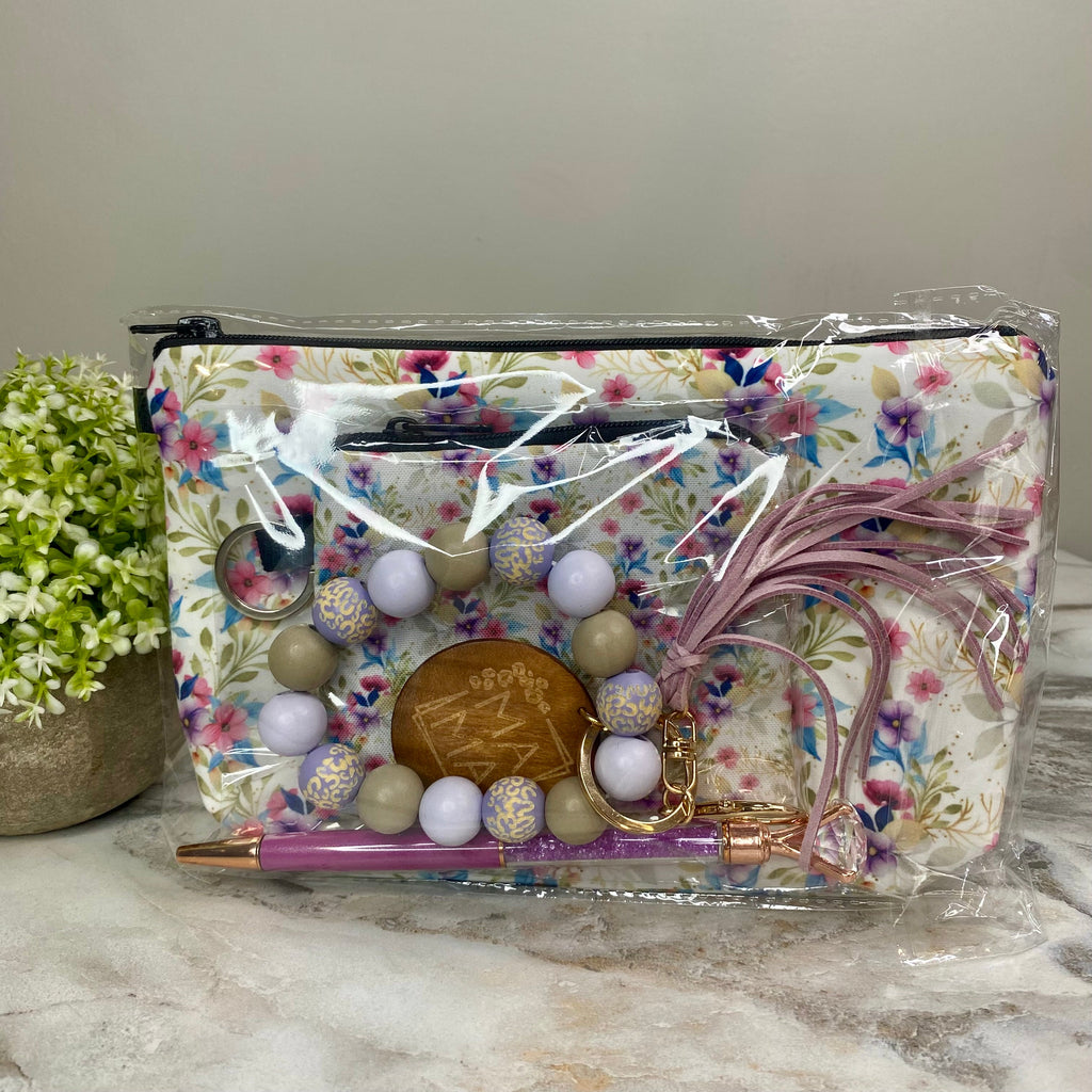 Pouch, Mini Pouch, Pen, & Bracelet Keychain Bundled Set - Floral Vines Purple Pink Blue