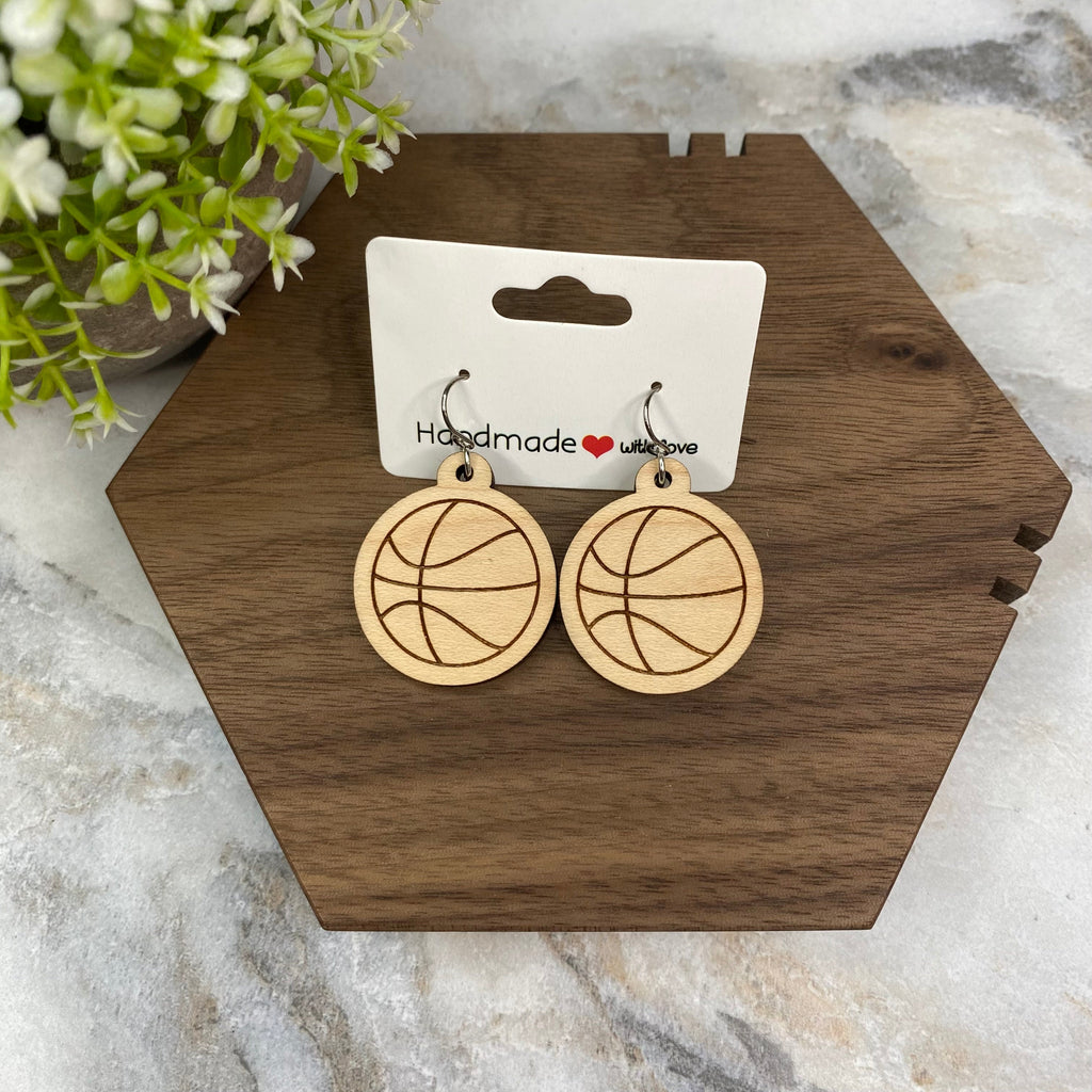Wooden Dangle Earrings - Basketball