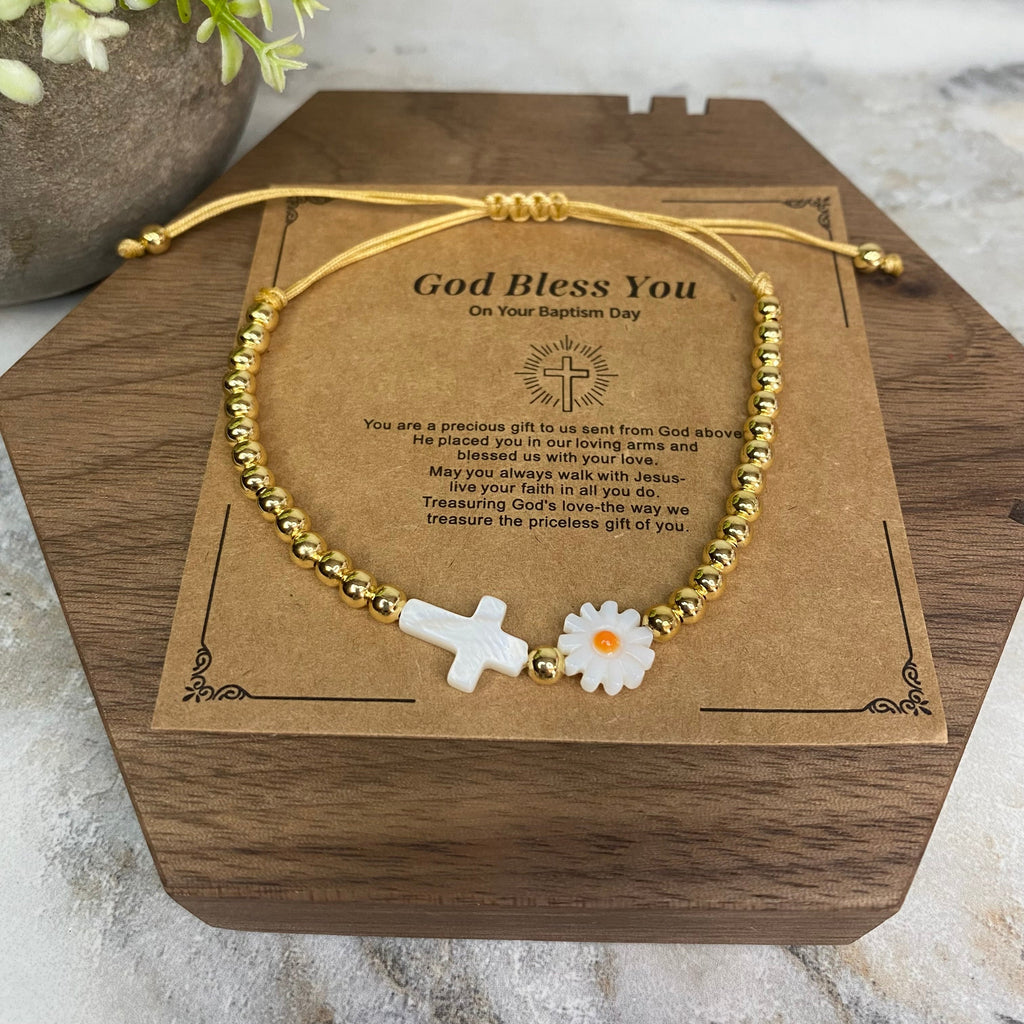 Bracelet - Make A Wish - Religious Cross Gold Bead Daisy