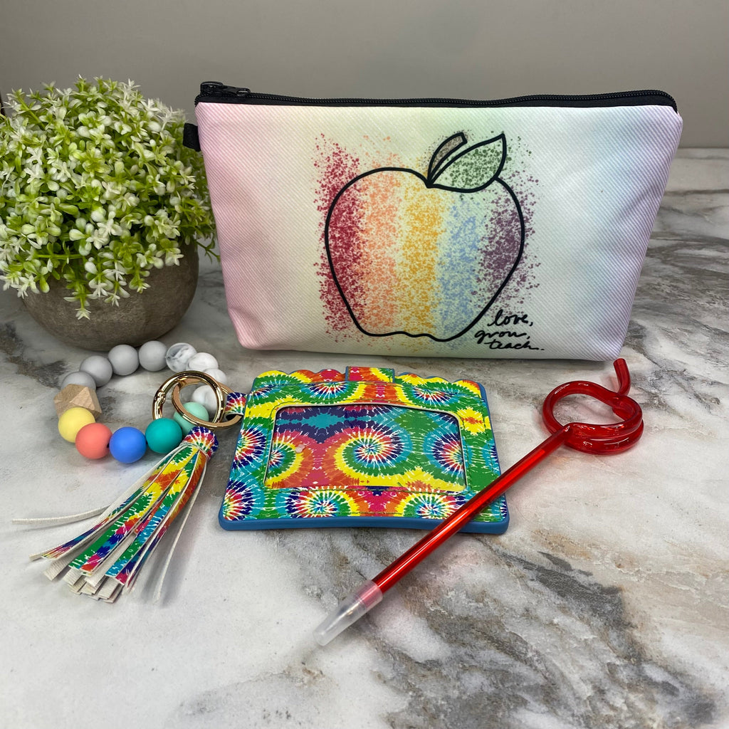 Pouch, Bracelet Keychain Card Holder, & Pen Bundled Set - Teacher, Love Grow Teach