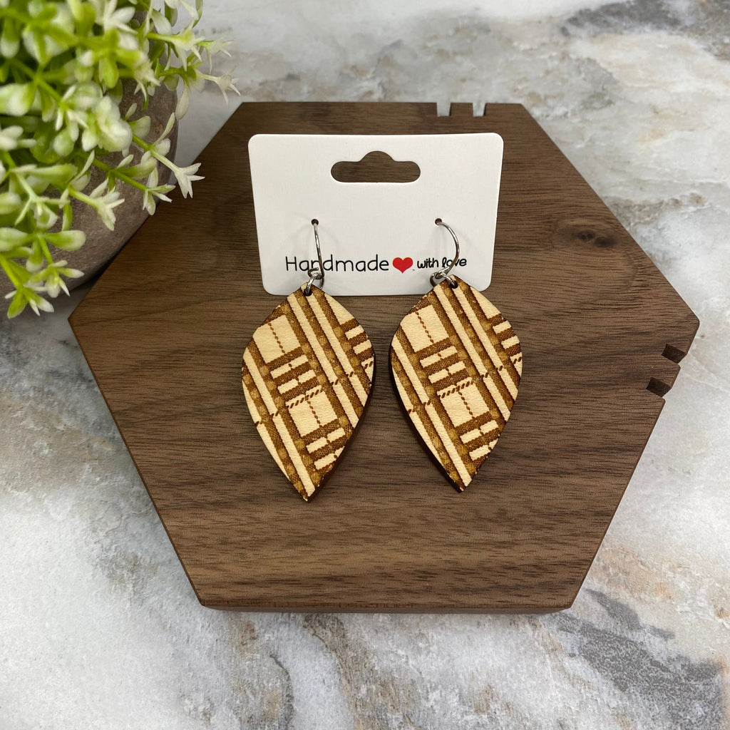 Wooden Dangle Earrings - Checkered Leaf