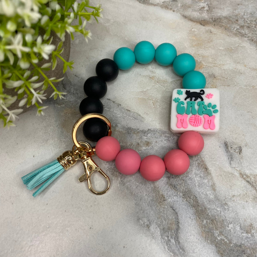Silicone Bracelet Keychain - Cat Mom Teal Black Pink