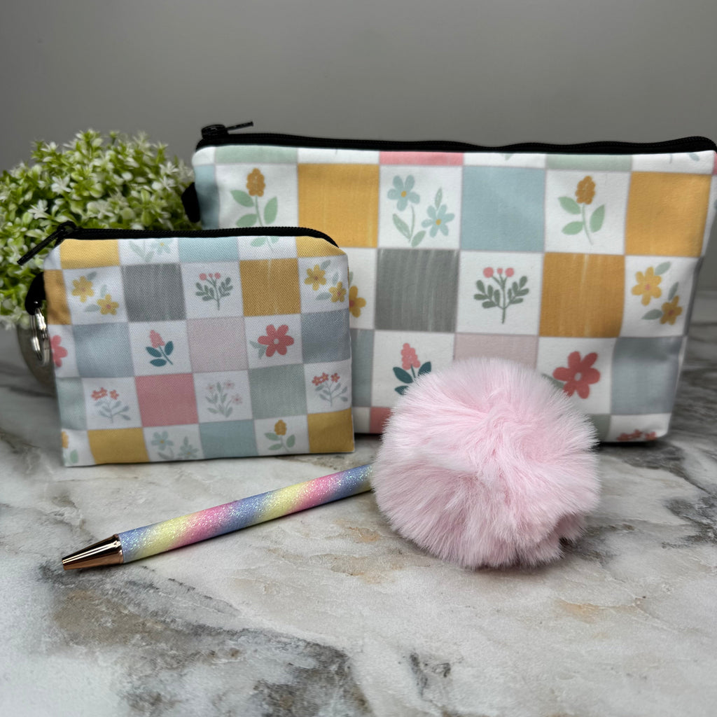 Pouch, Mini Pouch, Pom, & Pen Bundled Set - Spring Floral Pastel Patches