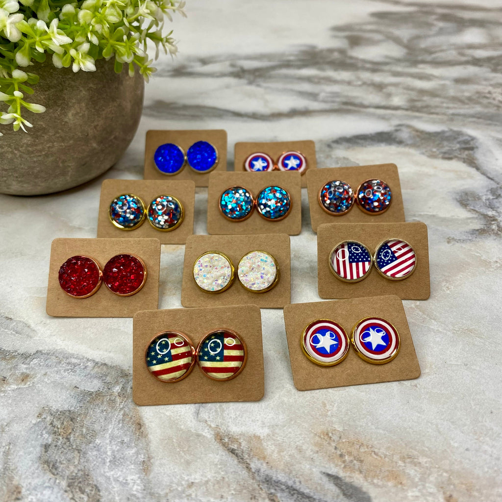 Acrylic/Druzy Stud Earrings - 12mm - Round Red, White, & Blue Mix