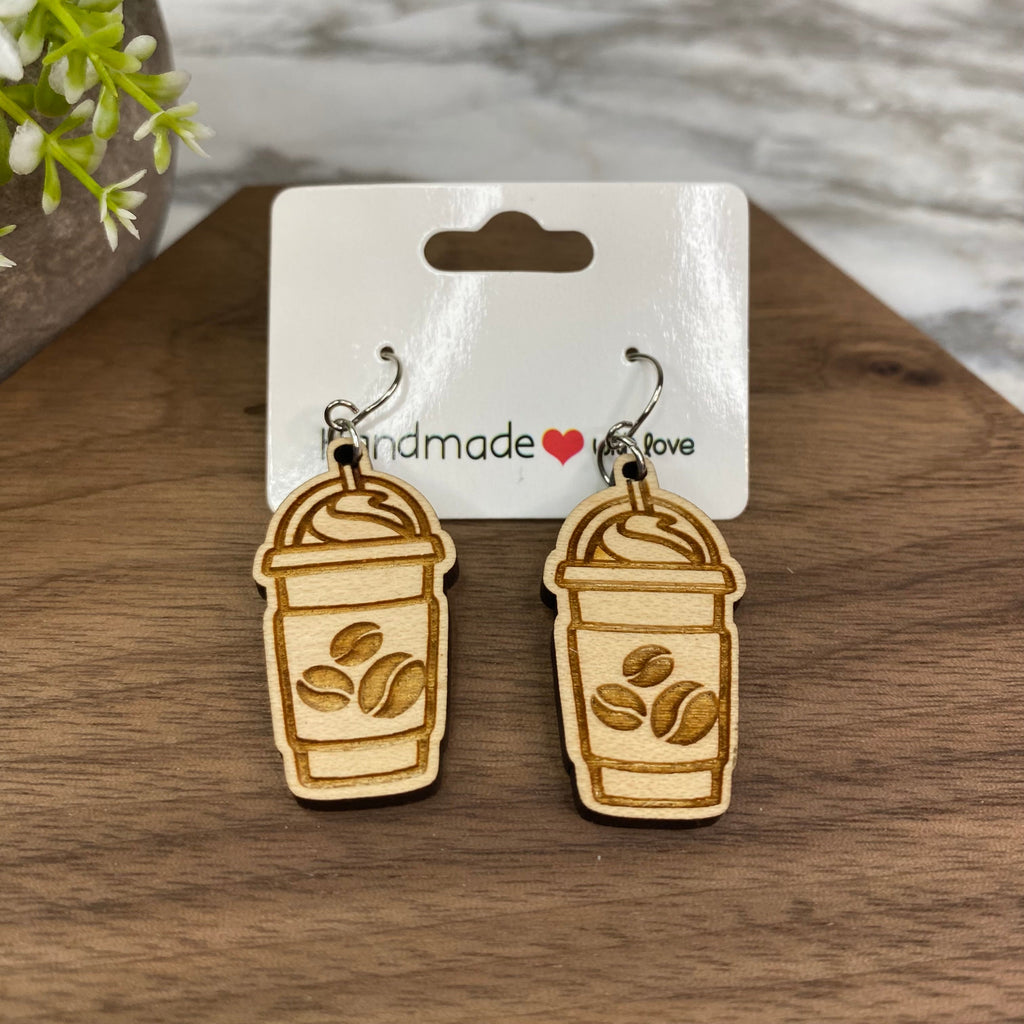 Wooden Dangle Earrings - Frappe Coffee Beans