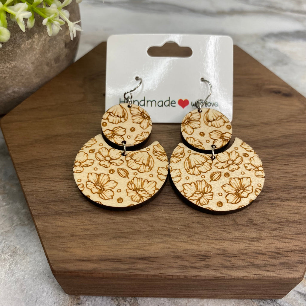 Wooden Dangle Earrings - Floral Moon Circle