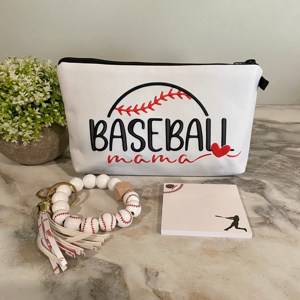 Pouch, Bracelet Keychain, & Sticky Note Bundled Set - Baseball Mama