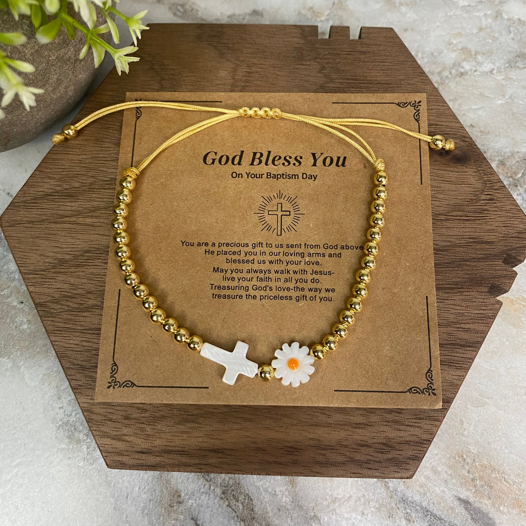 Bracelet - Make A Wish - Religious Cross Gold Bead Daisy