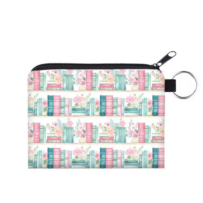 Mini Pouch - Books Blue Mint Pink Floral Shelves