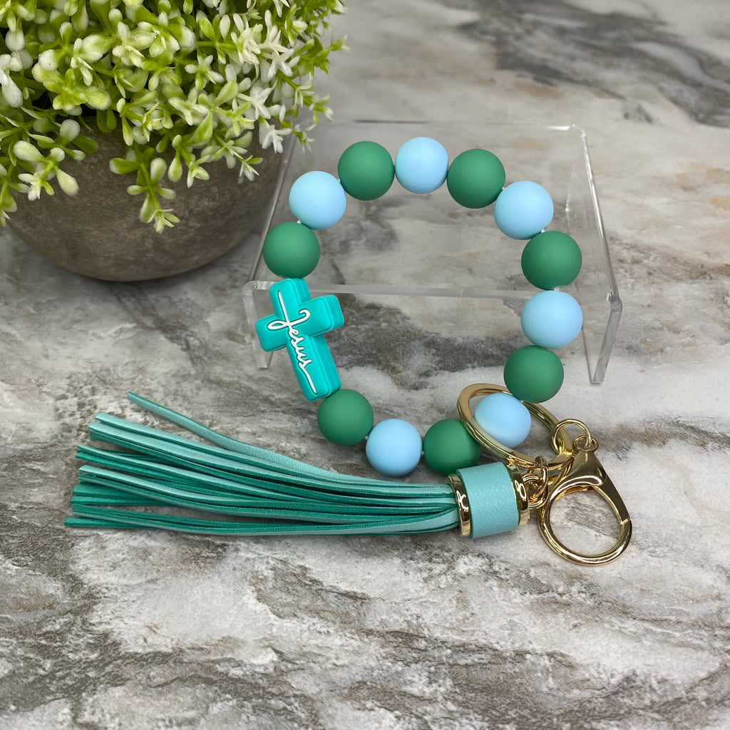 Silicone Bracelet Keychain - Religious Jesus, Green & Sky Blue