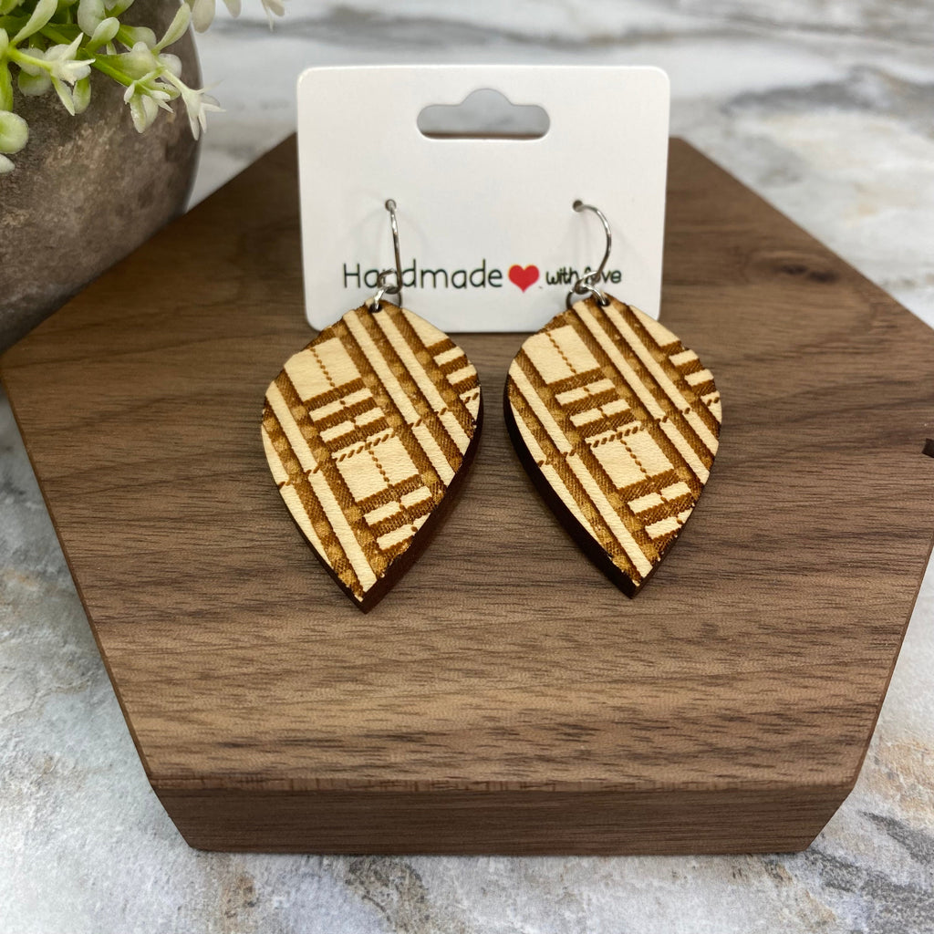Wooden Dangle Earrings - Checkered Leaf