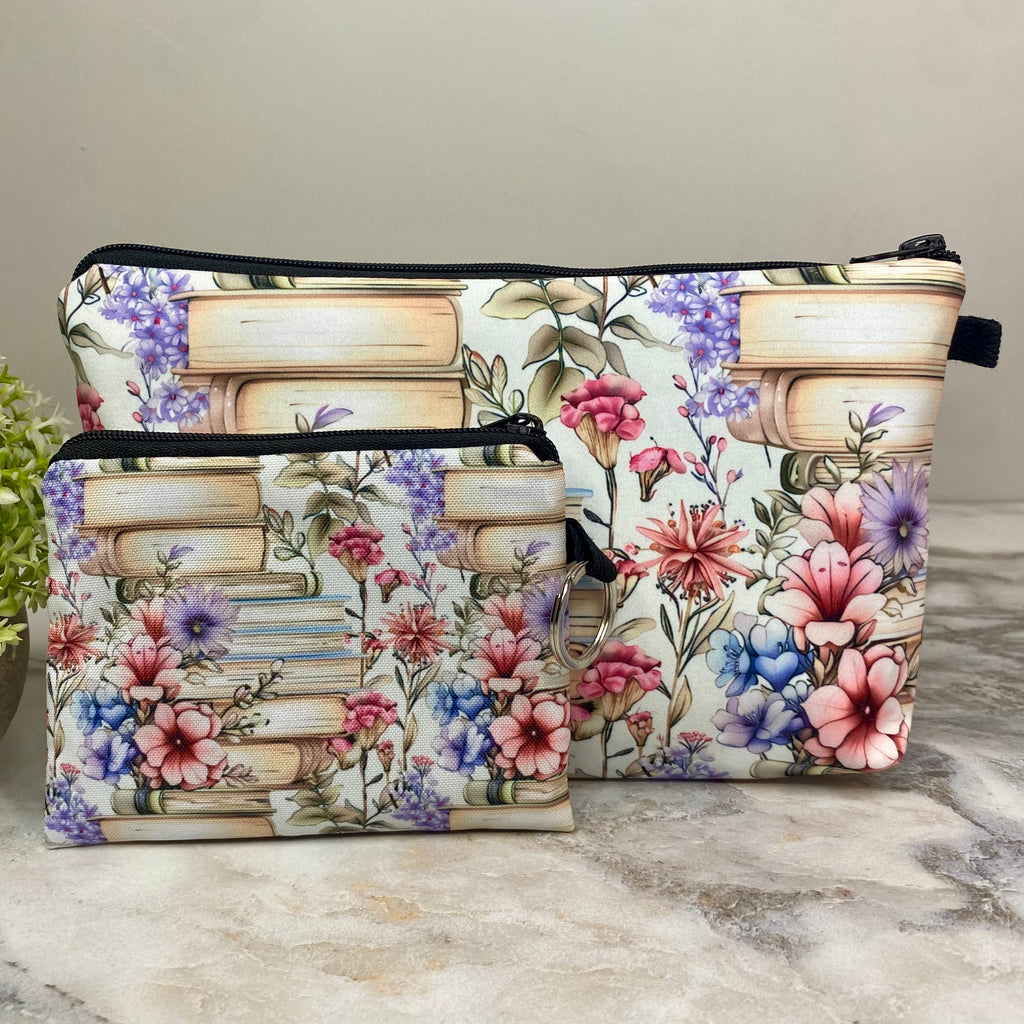 Pouch & Mini Pouch Bundled Set - Books Stack Cream Purple Floral