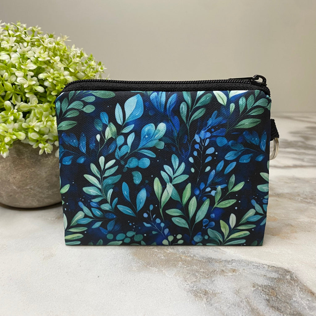 Mini Pouch - Navy Green Leaves