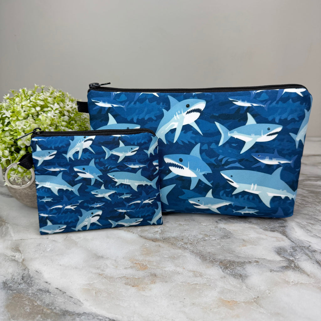 Pouch & Mini Pouch Bundled Set - Sharks On Blue