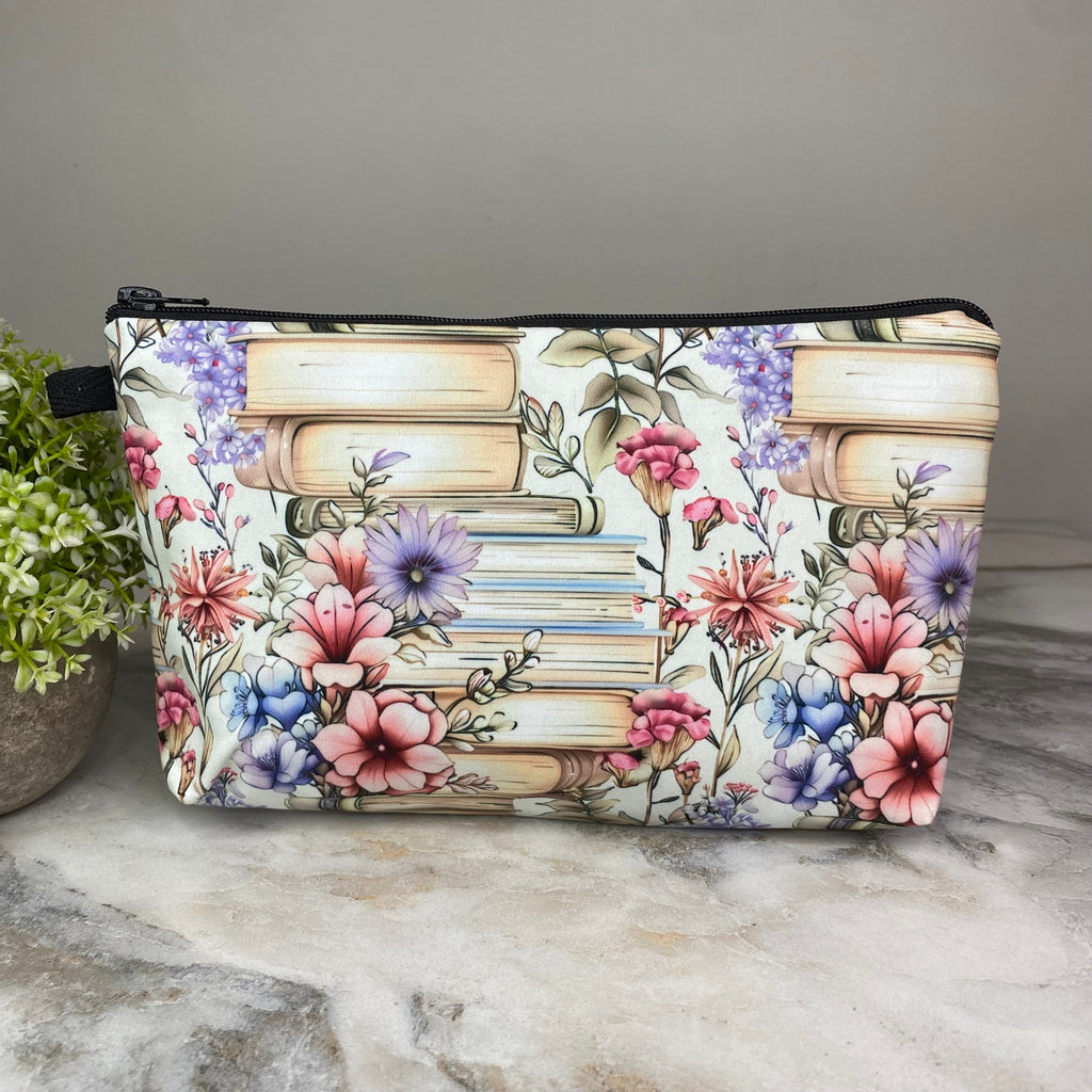 Pouch - Books Stack Cream Purple Floral