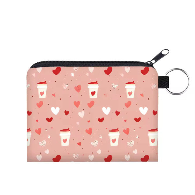 Mini Pouch - Coffee Pink Hearts